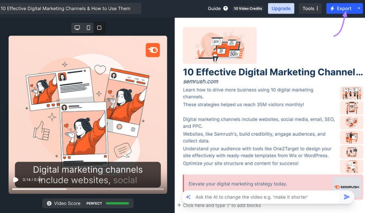 "Export" button highlighted in the top right corner of AI Video Marketing Automator-generated video page.
