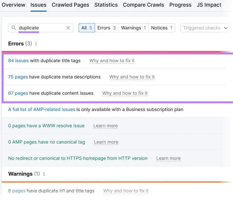 Duplicate content, title tags and meta descriptions issues found in Site Audit tool