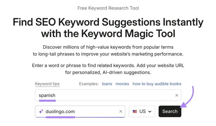 Keyword Magic Tool with "spanish" entered as the term, "duolingo.com" as the domain, and "Search" clicked.