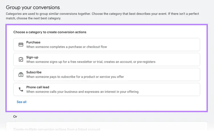 Google Ads conversion grouping screen with category options like Purchase, Sign-up, Subscribe, and Phone call lead