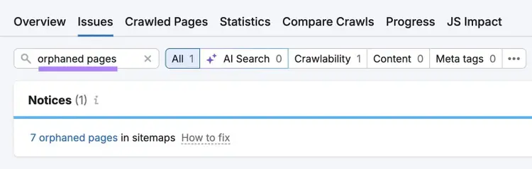 The "Issues" tab on Site Audit with "orphaned pages" entered showing a list of related notices.