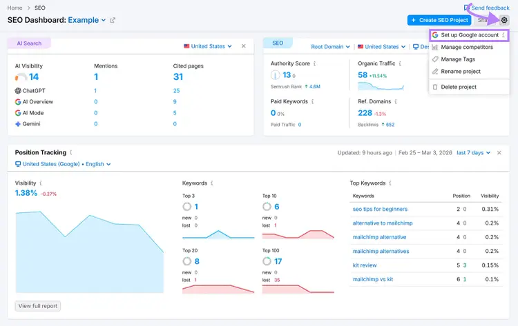 Semrush SEO dashboard settings menu with “Set up Google account” option highlighted