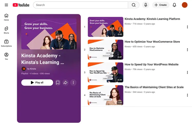 YouTube playlist page featuring Kinsta Academy educational videos and learning resources