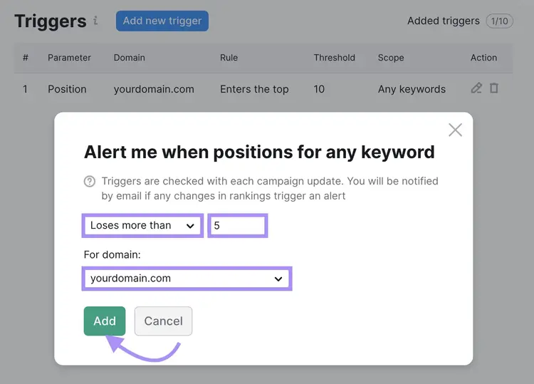 "Triggers" section in Position Tracking tool