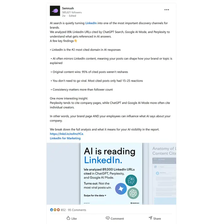LinkedIn carousel post by Semrush summarizing study on LinkedIn content cited in AI search with key findings and engagement metrics