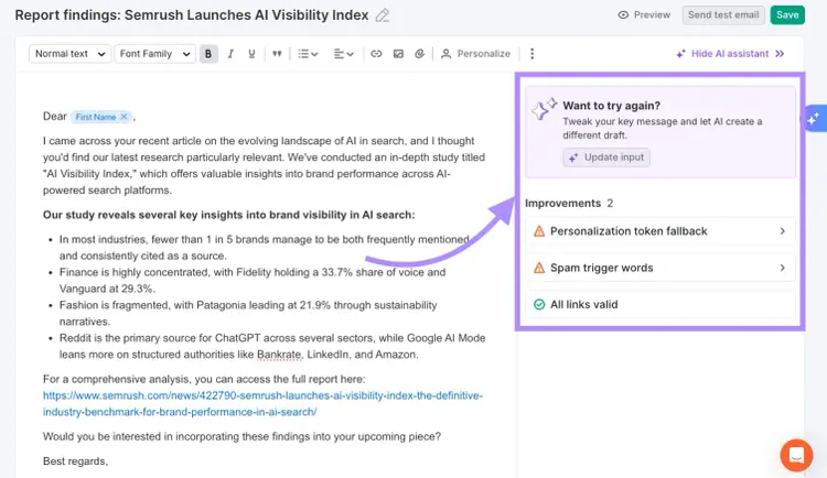A screenshot of the AI PR Toolkit feature called Outreach, with the content improvement side panel highlighted