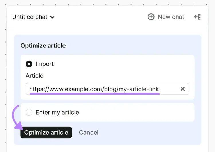 Semrush Content Optimizer import screen with an article URL and the Optimize article button highlighted