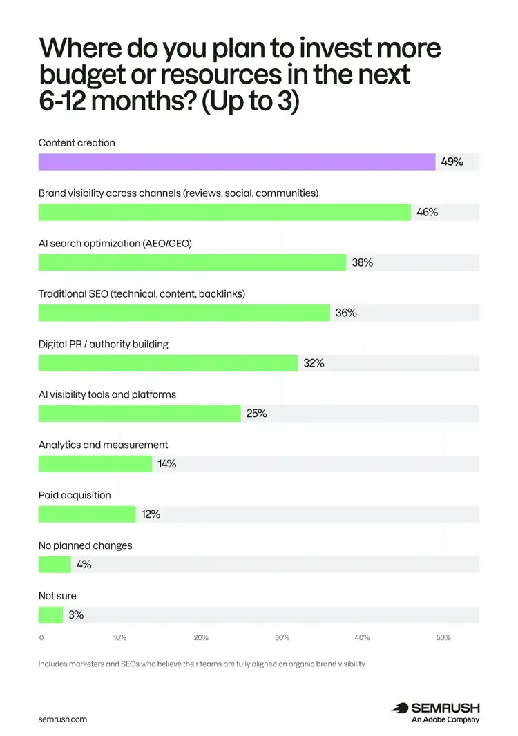 Investment plans next 6-12 months: 49% content, 46% brand visibility, 38% AI optimization