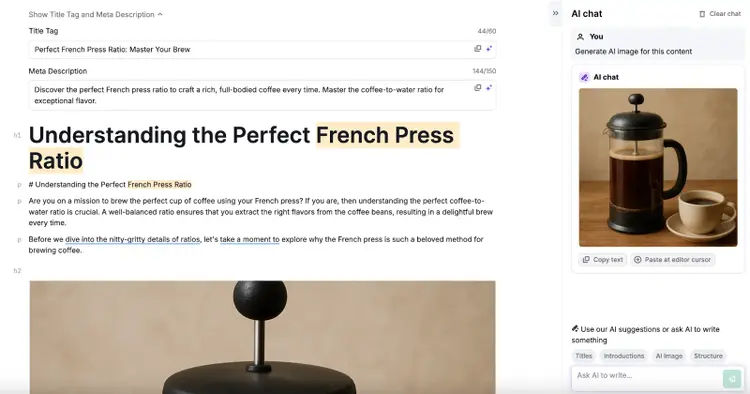 Article editor with AI chat sidebar providing writing suggestions