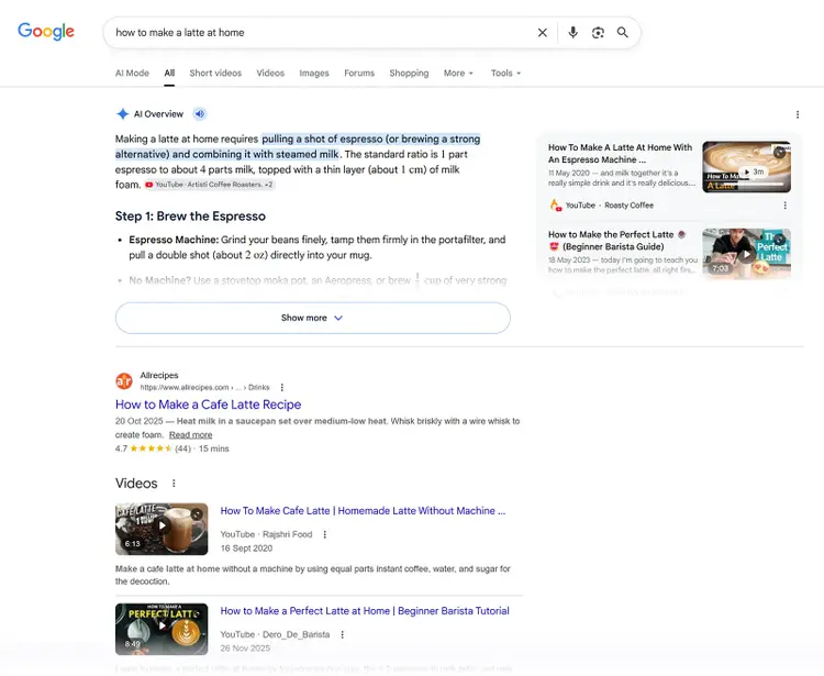 Google search results for “how to make a latte at home” with AI Overview, recipes, and video results