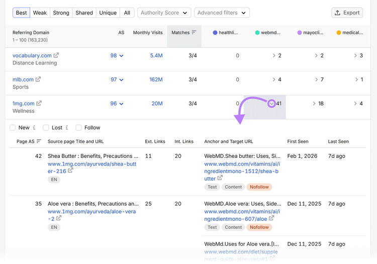 Expanded Backlink Gap result showing competitor backlinks from a selected referring domain