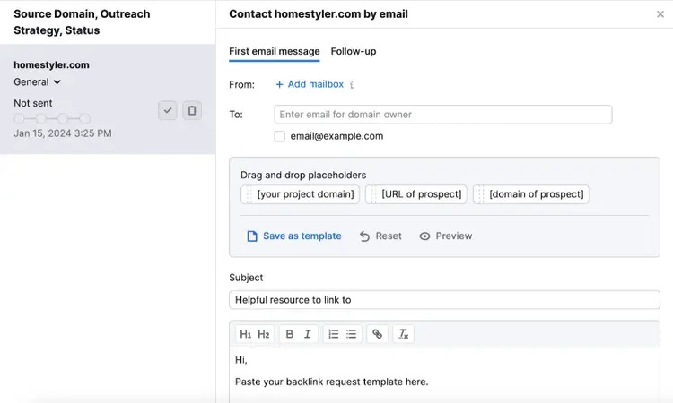 Start email outreach directly from the Link Building Tool
