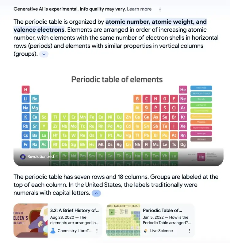 Google SGE overview for “How is the periodic table organized?”