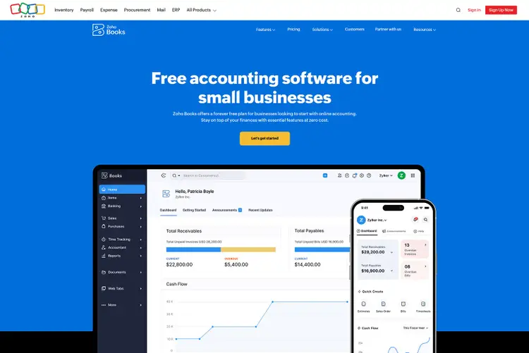 Zoho Books landing page promoting free accounting software for small businesses
