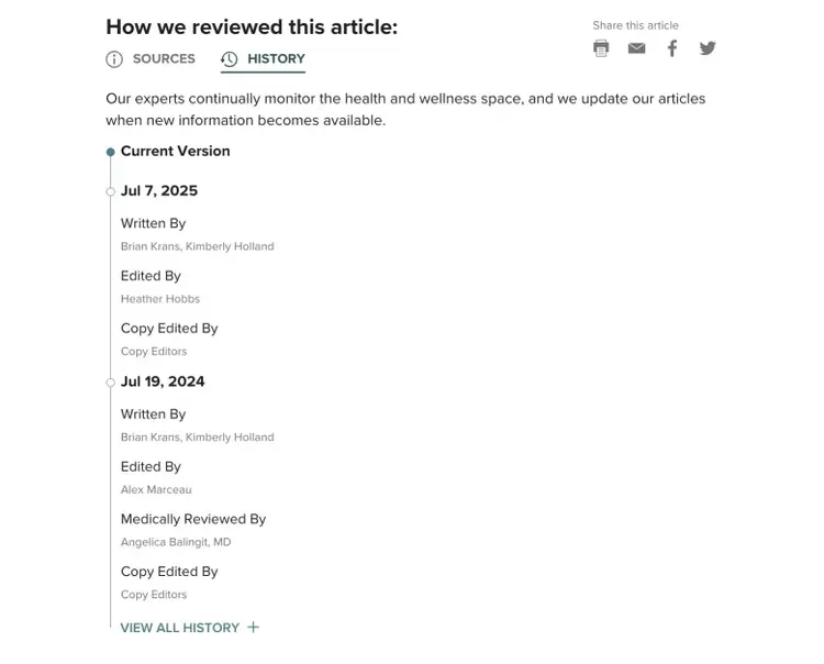 A "How we reviewed this article" section at the bottom of a pillar page by Healthline.