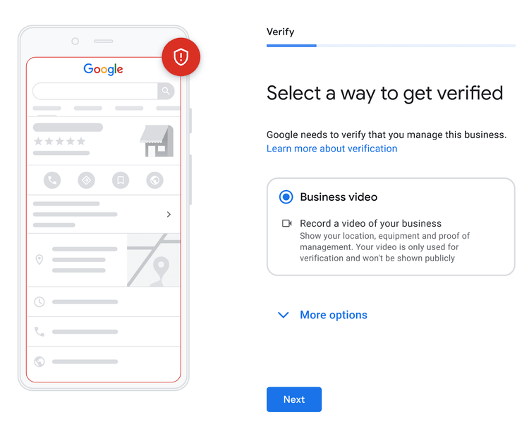 "Select a way to get verified" step of creating a GBP