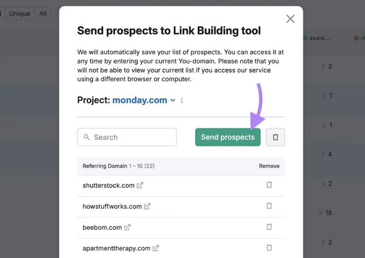 A list of selected prospects and "Send prospects" clicked on the Backlink Gap tool.