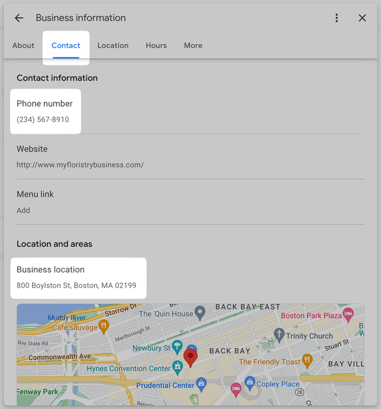 "Contact" “Phone number” and “Business location” sections highlighted