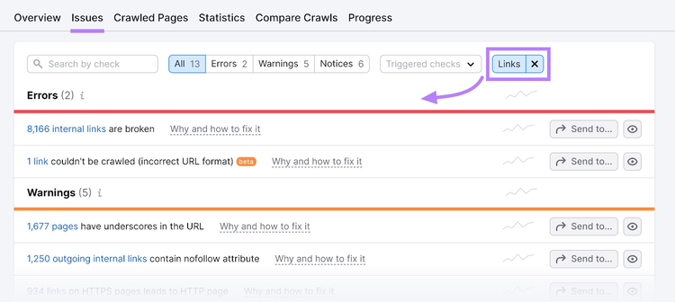 site’s links errors, warnings, and notices