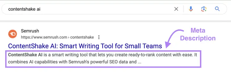 Google search result for ContentShake AI with meta description highlighted