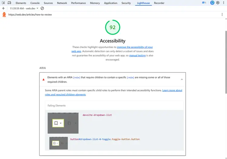 Lighthouse Accessibility report showing score of 92 with ARIA issues listed