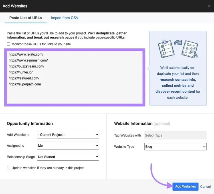 "Add Websites" window on BuzzStream with a list of URLs added and "Add Websites" clicked.