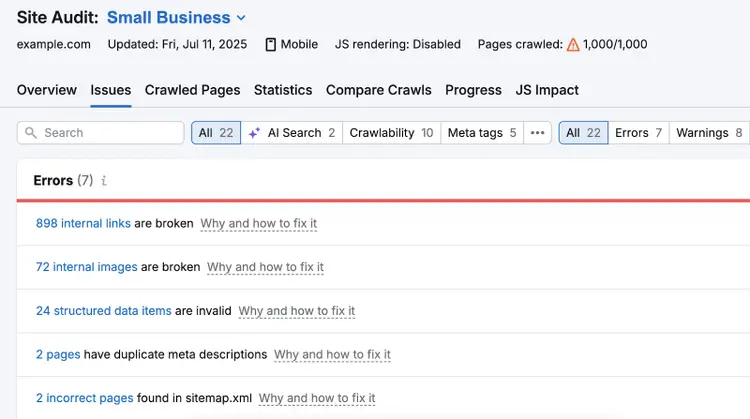 Site Audit issues include broken internal links, invalid structured data items, duplicate meta descriptions, and more.