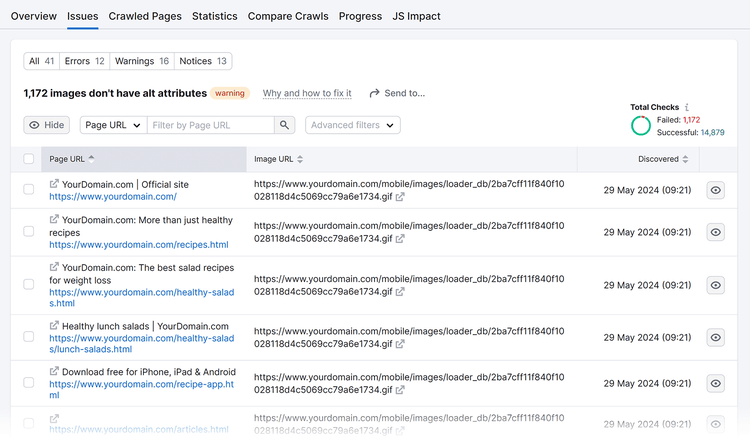 List of pages containing the missing alt text issue