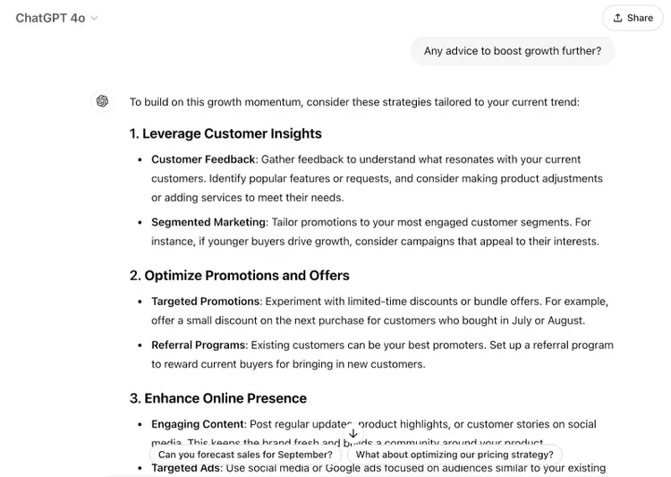 The response says things like leverage customer insights, optimize promotions and offers, and more