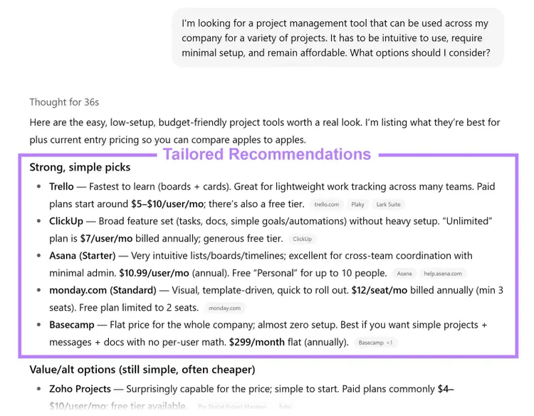 ChatGPT response listing project management tool recommendations with Tailored Recommendations annotated