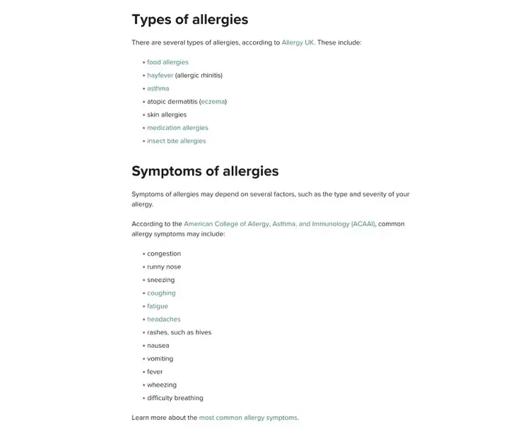 Multiple bulleted lists on a pillar page by Healthline.