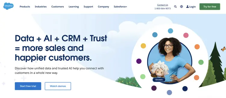 Salesforce homepage promoting data, AI, and CRM integration