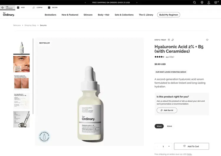The Ordinary Hyaluronic Acid 2% + B5 serum product page with ratings, price, size options, and Add To Cart