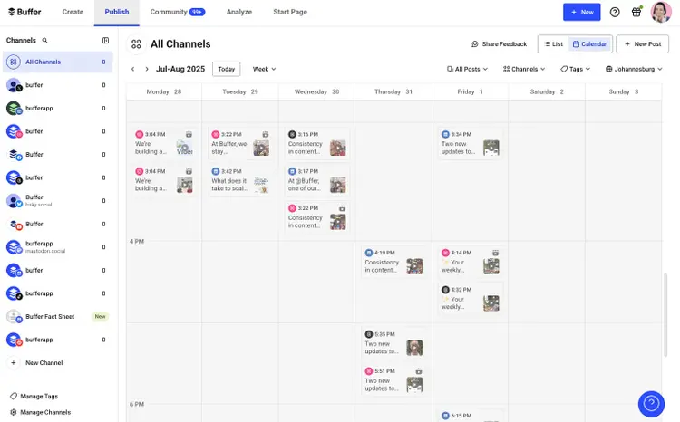 Buffer publishing calendar showing scheduled social media posts across multiple channels.