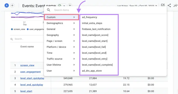 "Custom" dimensions drop-down menu