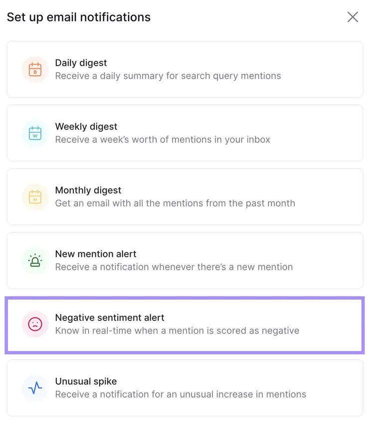 “Negative sentiment alert" selected from the email notifications menu