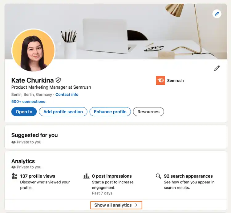 LinkedIn profile analytics showing profile views and search appearances