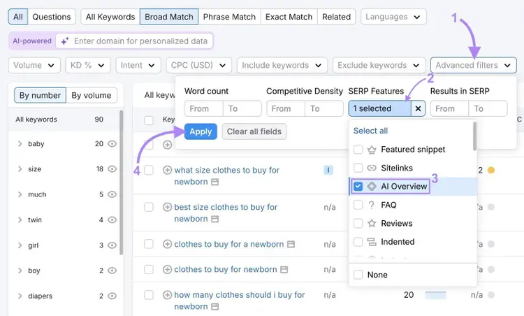 Applying a filter to only show terms that trigger an AI Overview from the "SERP Features" filter on the Keyword Magic Tool.