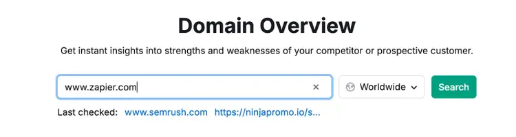 Domain Overview search interface with 'www.zapier.com' entered and Worldwide location selector