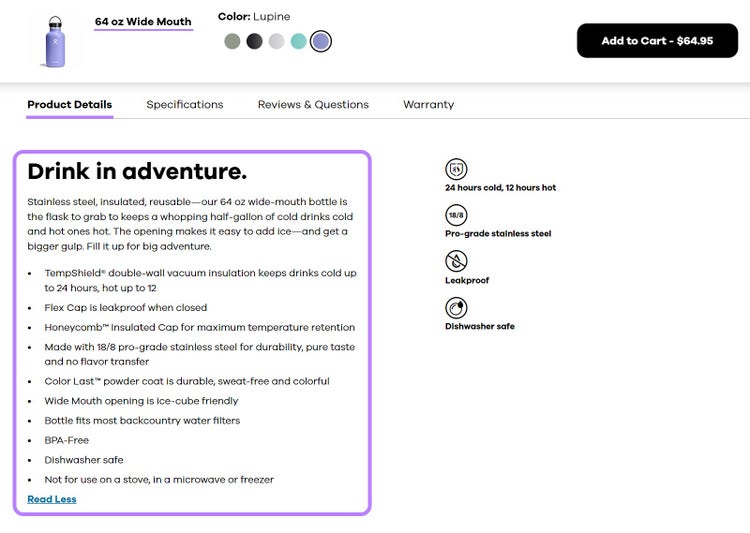 Product details page for a water bottle with product description highlighted