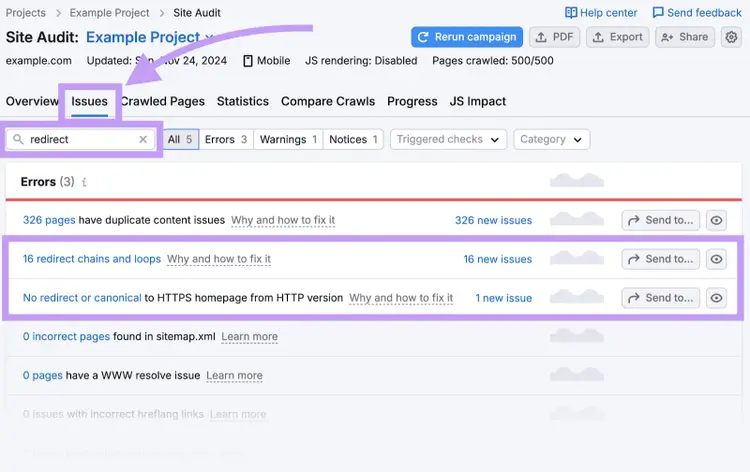 Redirect issues highlighted in Site Audit