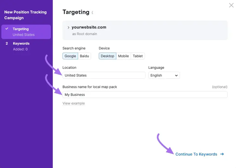 "Targeting" window in Position Tracking Settings