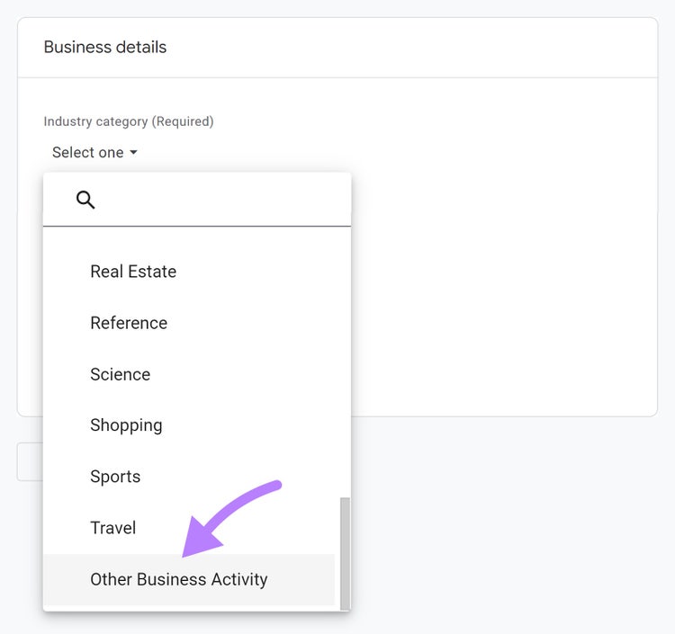 "Other Business Activity" selected under "Industry category" drop-down menu