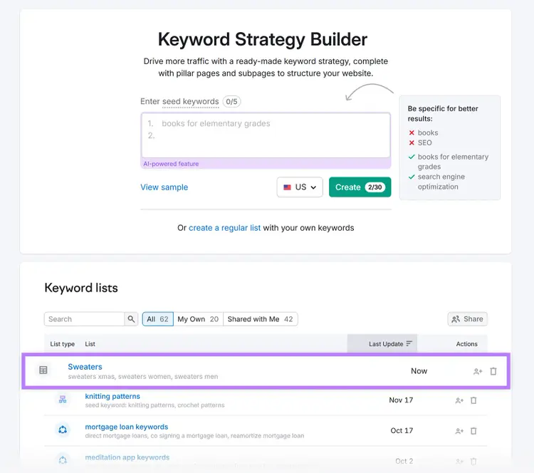 Semrush Keyword Strategy Builder start page with list in Keyword lists section highlighted.