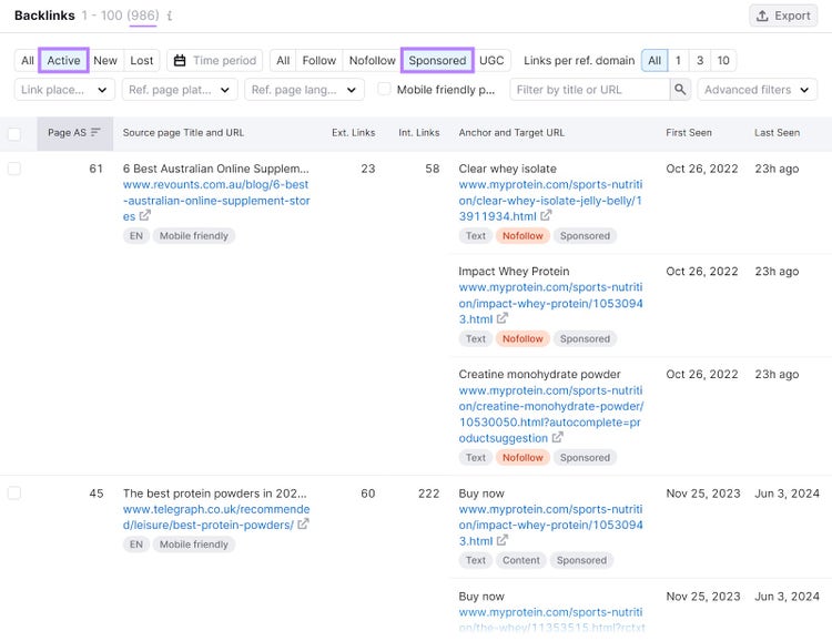 "Backlinks" section of the Backlinks tool with "Active" and "Sponsored" filters highlighted