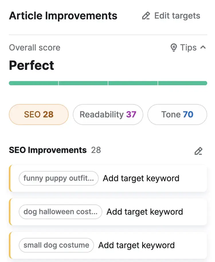 Semrush Article Improvements showing Perfect score with SEO 28, readability 37, tone 70, and 28 improvement suggestions.