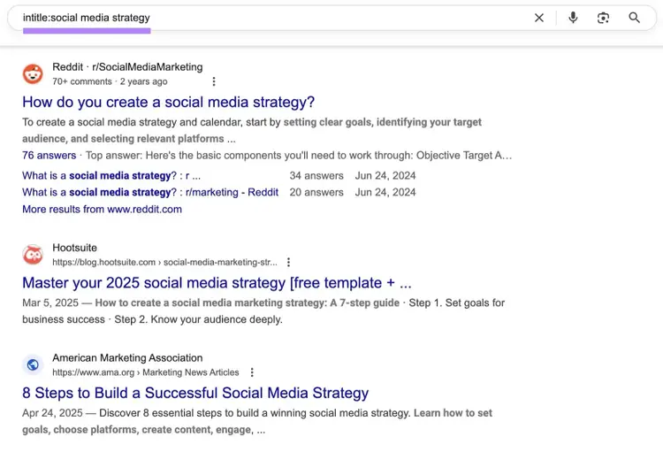 Google SERP with the "intitle" search operators applied showing only results with a specific title.