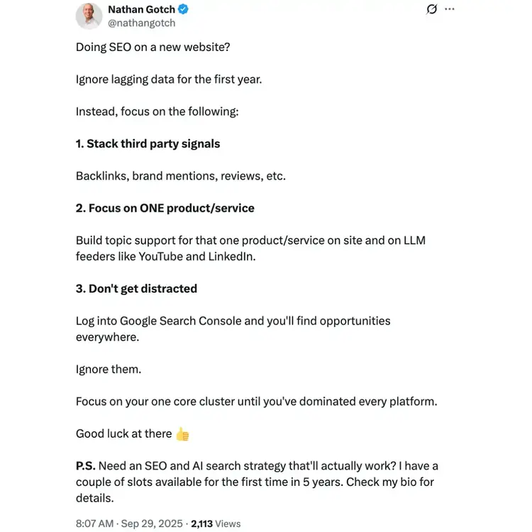 Nathan Gotch X post recommending that those optimizing new websites prioritize building authority around a single topic or service line for best results