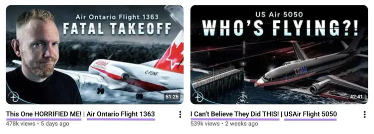Mentour Pilot using curiosity-driven titles that includes an attention grabbing phrase followed by the name of an aviation incident.