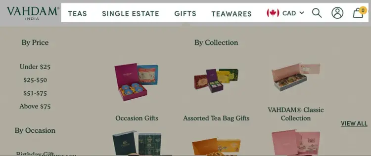 Vahdam website navigation menu linking to tea products, gifts, teaware, and gift collections